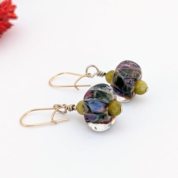 Lampwork Art Glass Earrings: Soft Mauve and Green, Gold Filled Earwires