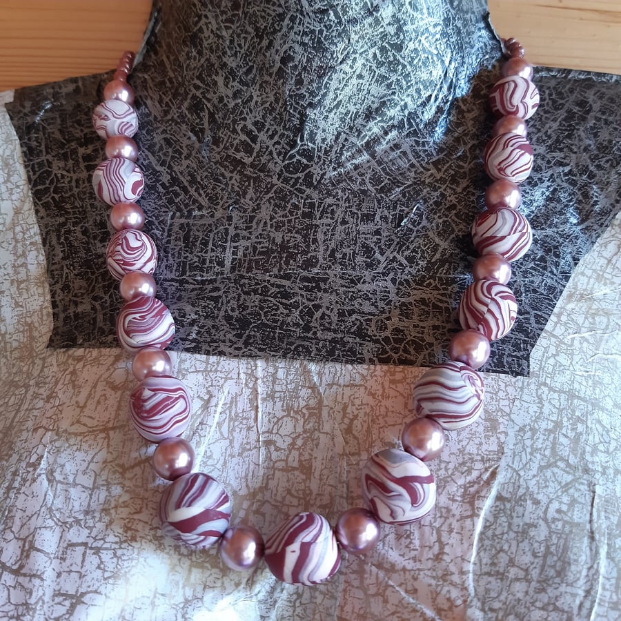 Raspberry and cream polymer clay necklace