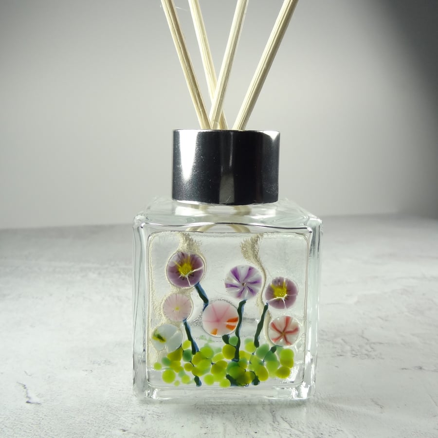 Handcrafted mixed flowers fused glass reed diffuser, a unique gift with 4 reeds