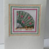 Hand sewn card, open fan, green, pink roses, Valentine's Card