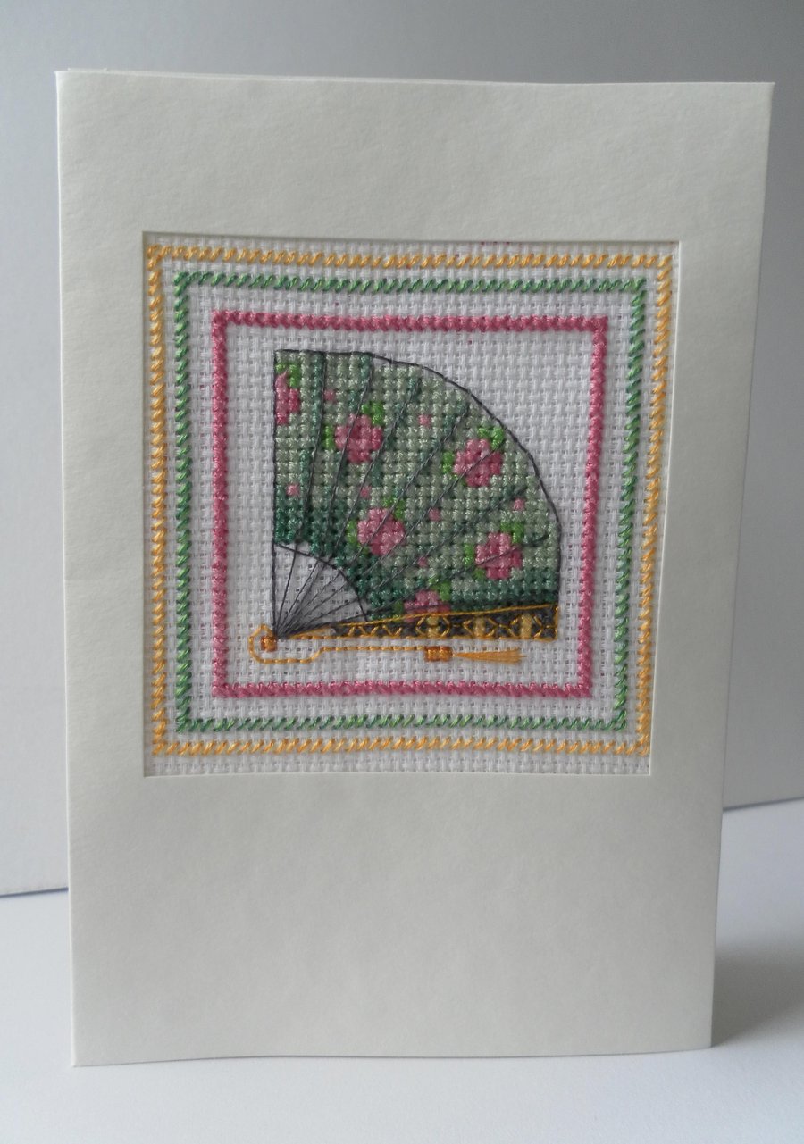 Hand sewn card, open fan, green, pink roses, Valentine's Card