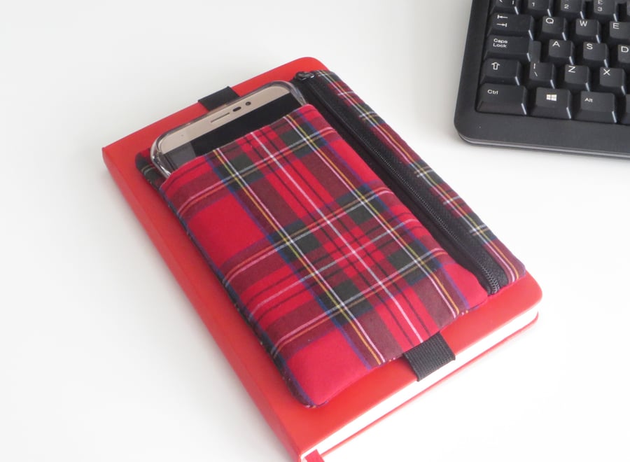 Tartan Bullet Journal pouch with zipped pocket and elastic band