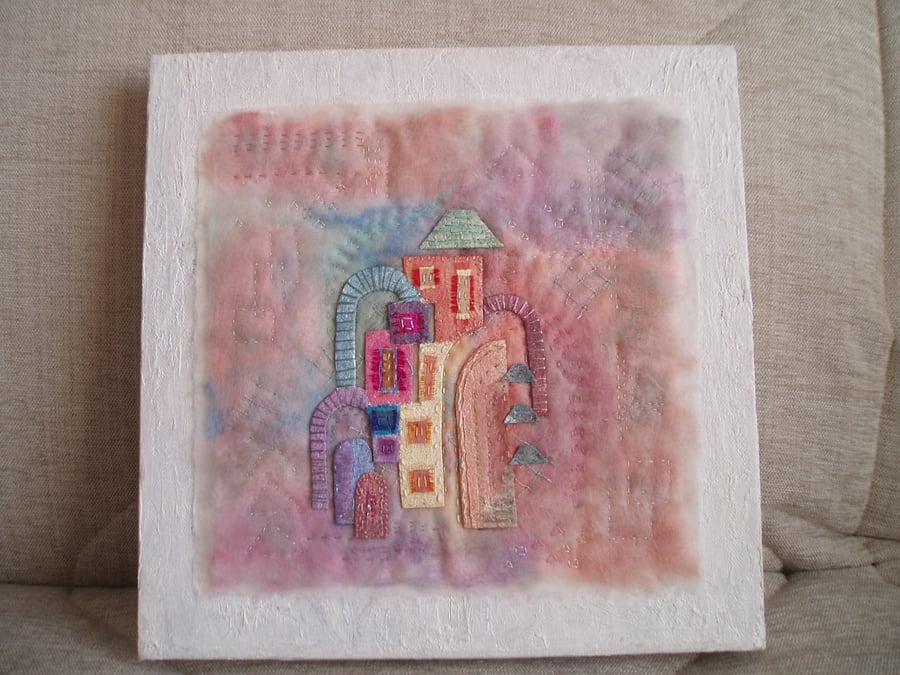 TEXTILE ART PICTURE.  Fabric, embroidery and felt textile picture of Portmeirion