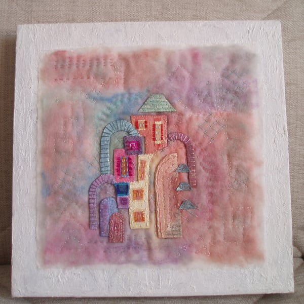 TEXTILE ART PICTURE.  Fabric, embroidery and felt textile picture of Portmeirion