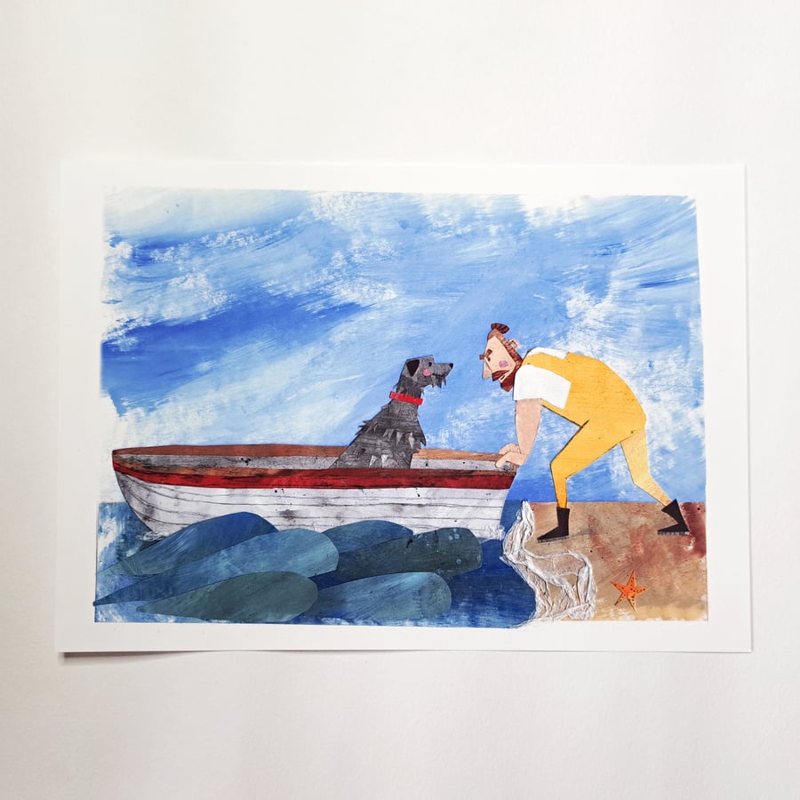 Art Print Fisherman and Dog with Fishing Boat