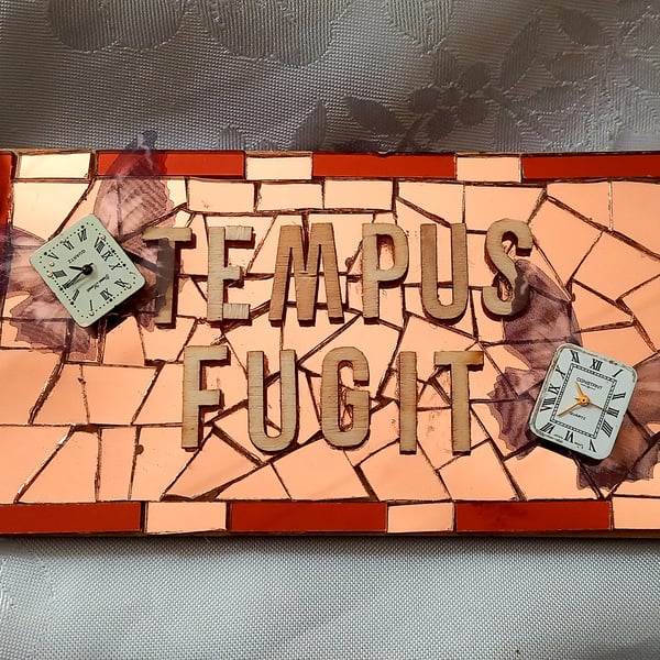 CLOCK THIS. Tempus Fugit mosaic plaque with wristwatch dials.