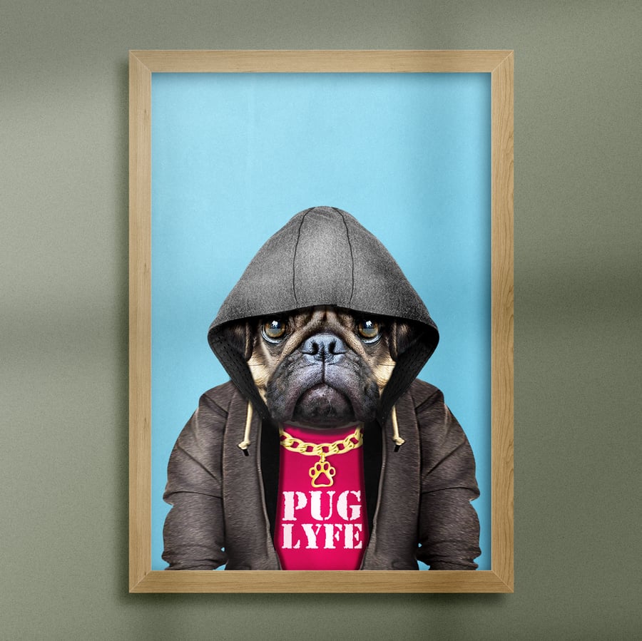Pug in clothes print, blue or off white (Animalyser)
