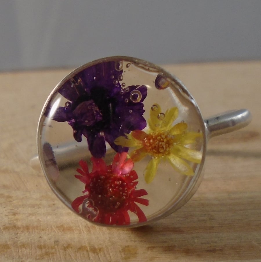 Sterling Silver Flower Resin Adjustable Ring
