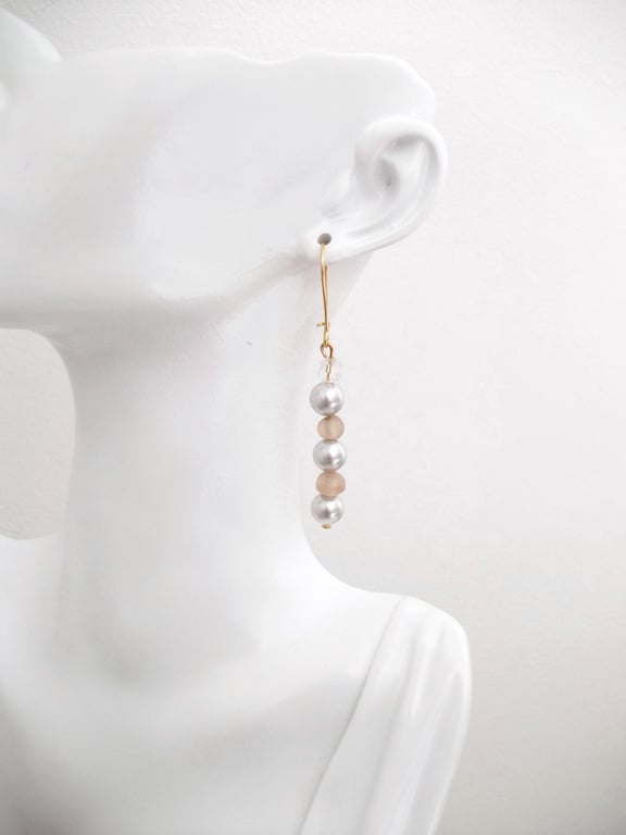 Vintage Pale Light Grey Faux Pearl and  Pink Satin Glass Bead Drop Earrings