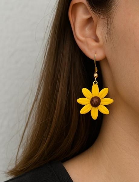 Handmade Polymer Clay Sunflower Dangle Earrings, Colourful Boho Statement Jewell