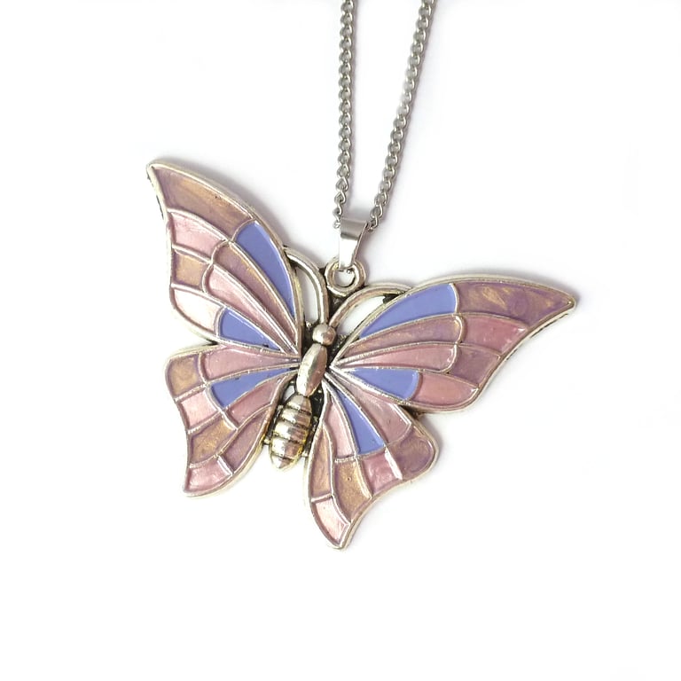 Rose gold, pink and lilac handpainted butterfly necklace for women