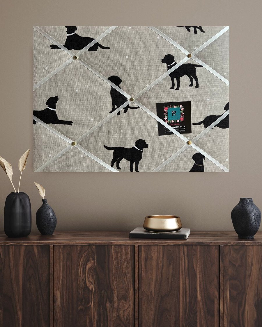 Handmade Bespoke Memo Notice Board With Clarke Rover Labrador Dogs Fabric