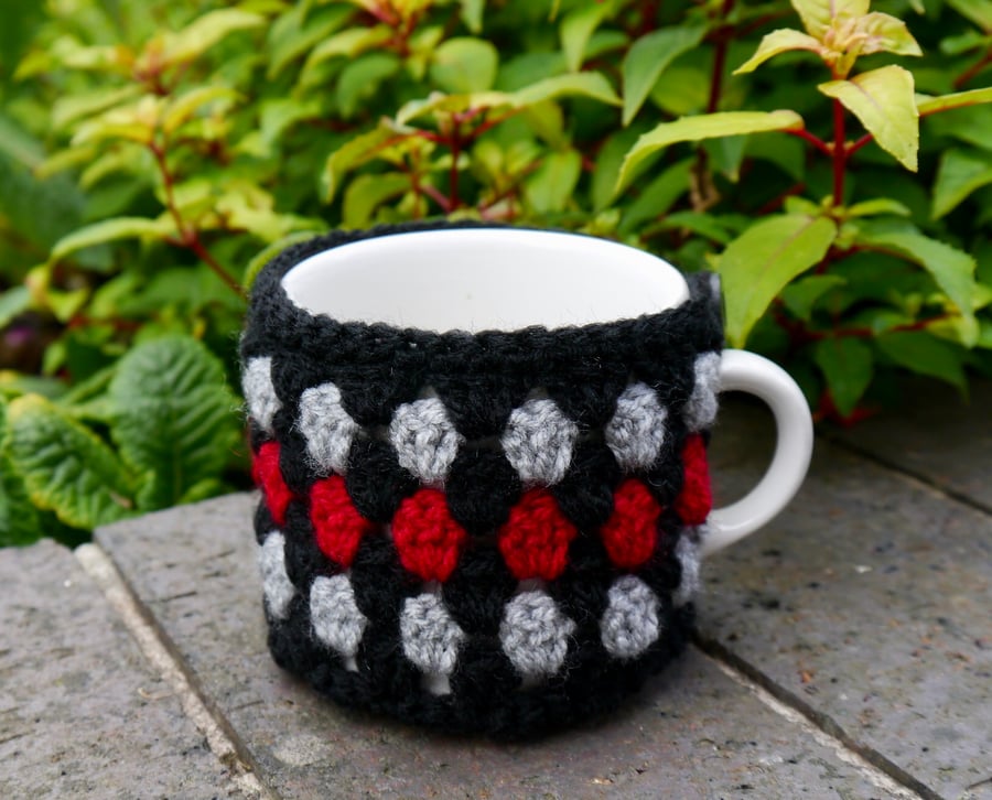 Contemporary Crochet Mug Cosy, Black, Red and Grey