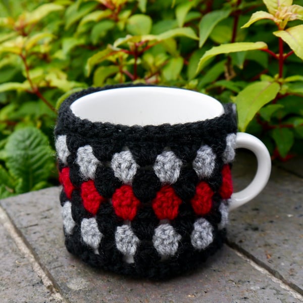 Contemporary Crochet Mug Cosy, Black, Red and Grey