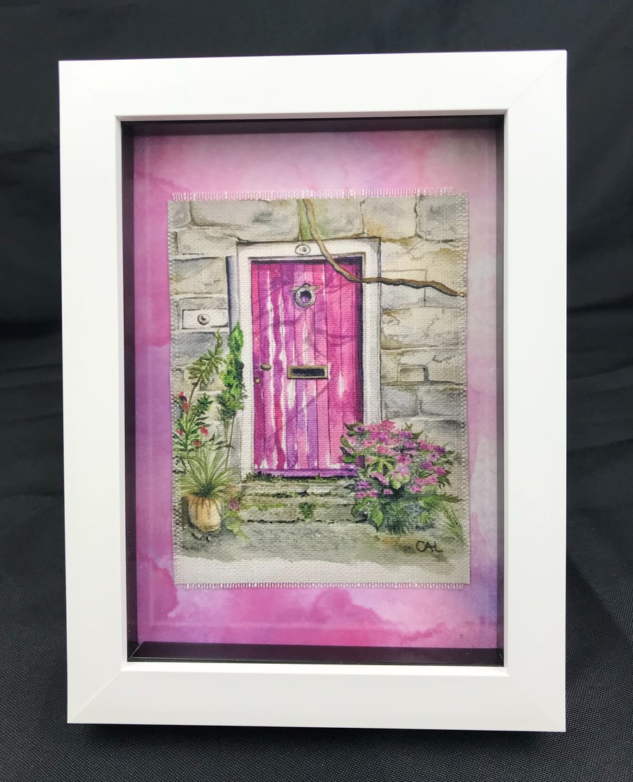 Pink Door Framed Textile Watercolour Picture 