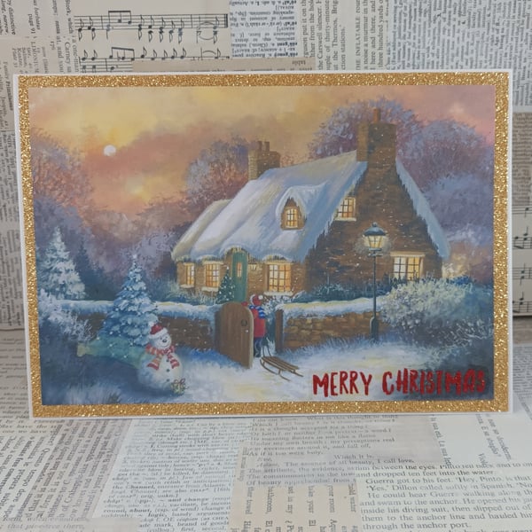 Cosy Cottage glittered Christmas card