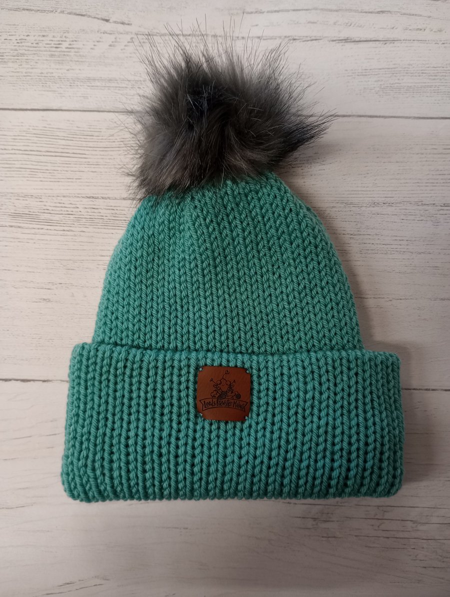Blue-green Beanie, Winter hat, Bobble hat