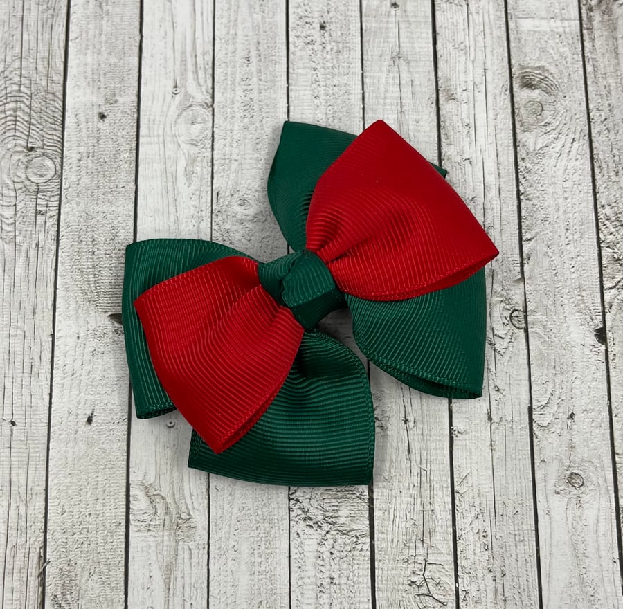 School Hunter Green and Red Top Knot Bow on Clip