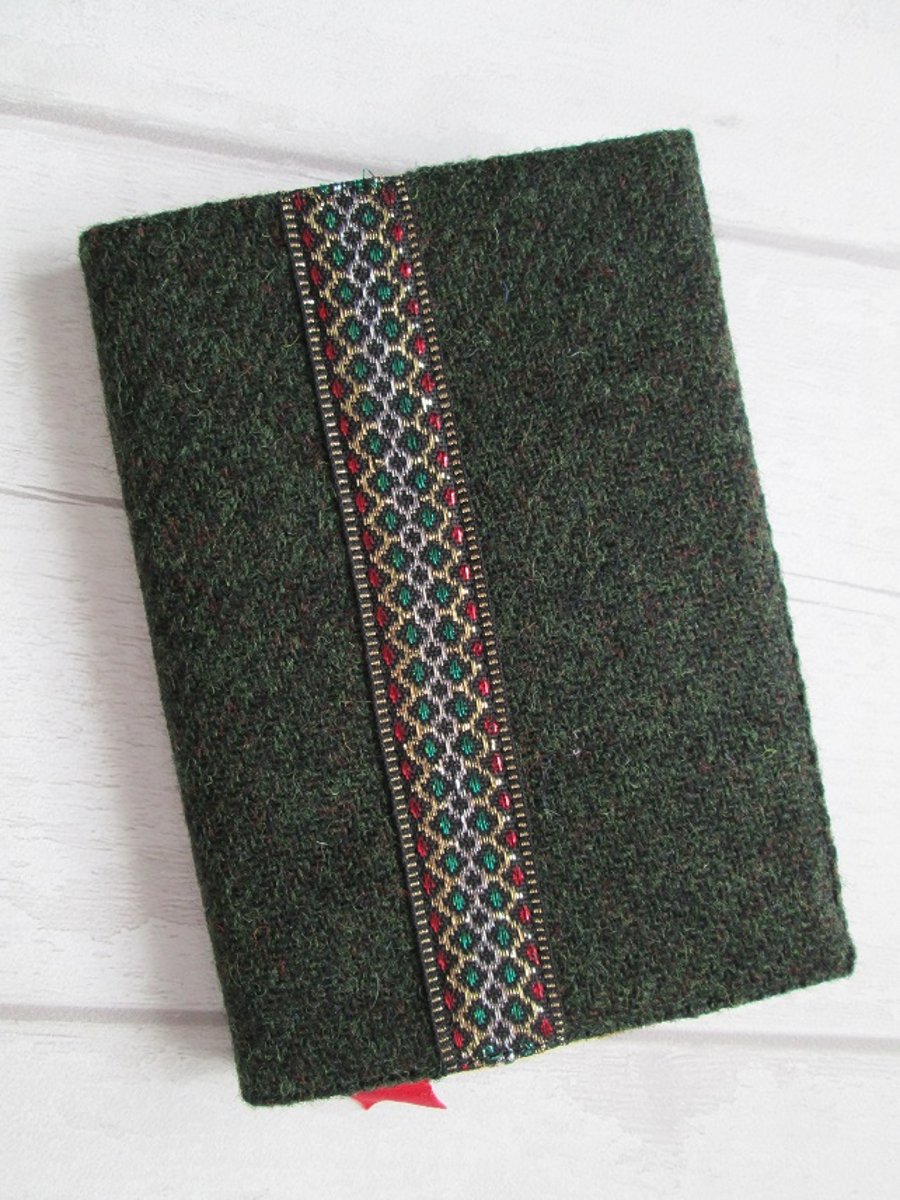 A6 'Harris Tweed' Reusable Notebook Cover - Dark Green with Metallic Braid