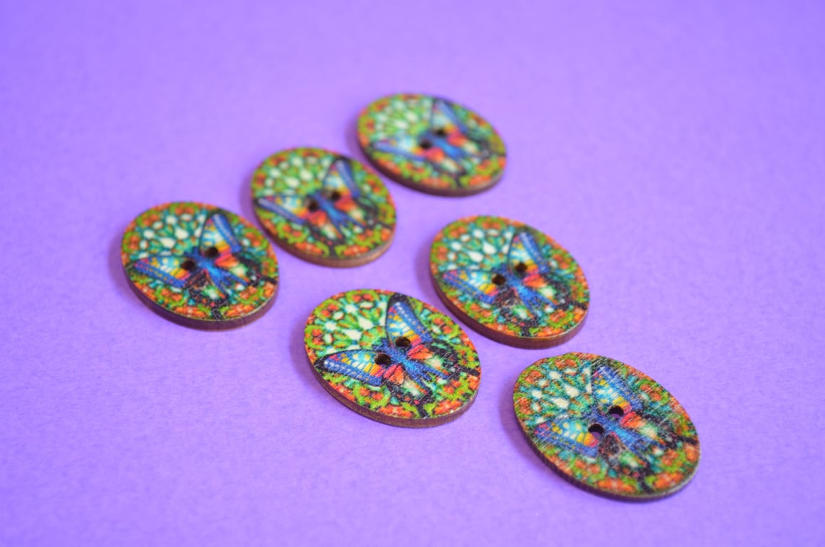 Wooden Oval Butterfly Buttons Colourful Kaleidoscope Blue Green 6pk 30x22mm (OB2