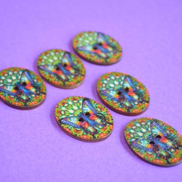 Wooden Oval Butterfly Buttons Colourful Kaleidoscope Blue Green 6pk 30x22mm (OB2