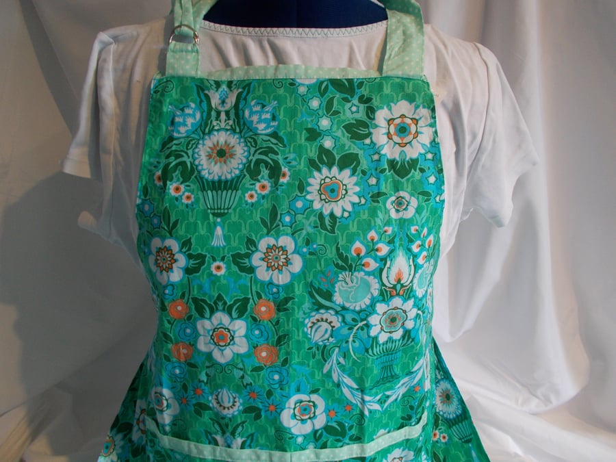 Hand made full apron designer fabric in green