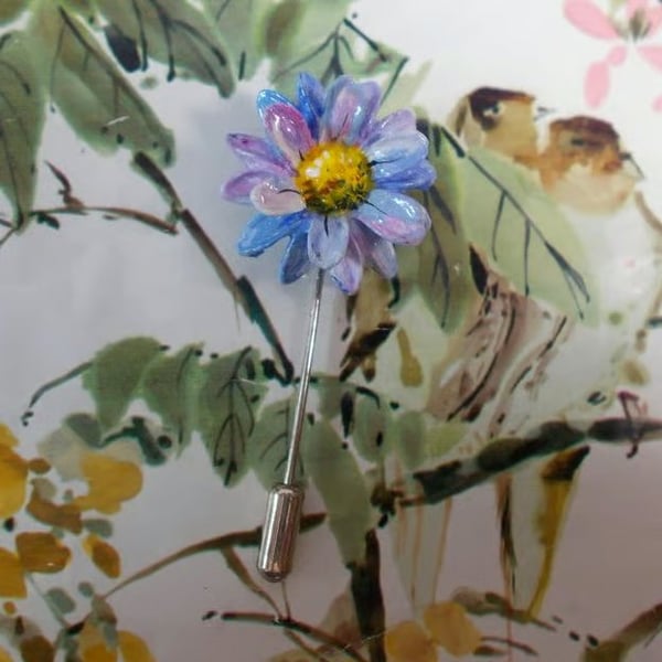 Forget-Me-Not BLUE DAISY PIN Wedding Floral Lapel Flower Brooch HAND PAINTED