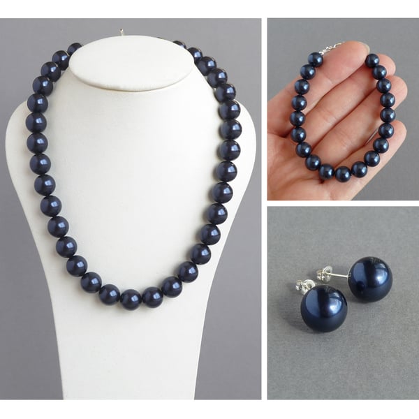 Navy Chunky Pearl Jewellery Set - Dark Blue Necklace, Bracelet and Stud Earrings