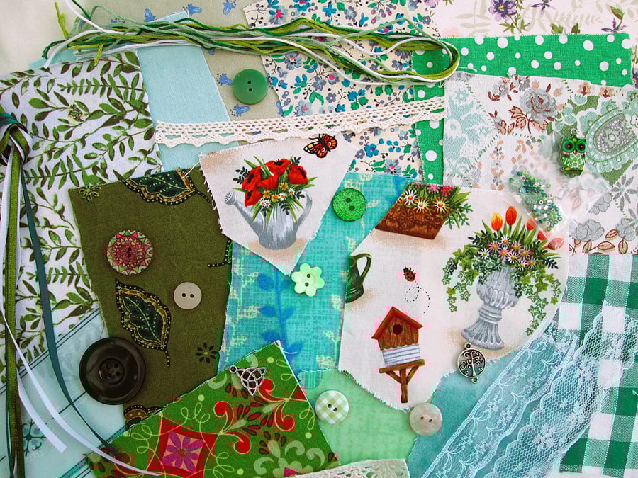 Mini green slow stitching or junk journal kit for a beginner