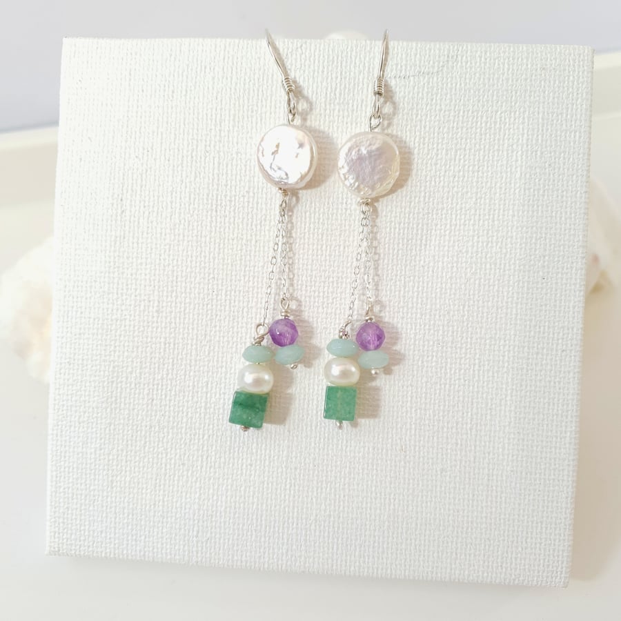Statement Long Earrings Coin Pearl & Gemstone Drops Amethyst, Jadeite, Amazonite