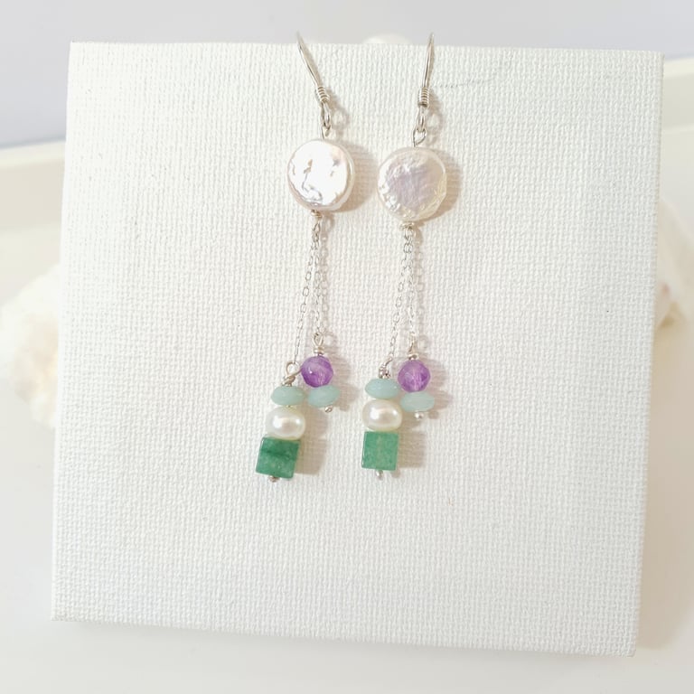Statement Long Earrings Coin Pearl & Gemstone Drops Amethyst, Jadeite, Amazonite