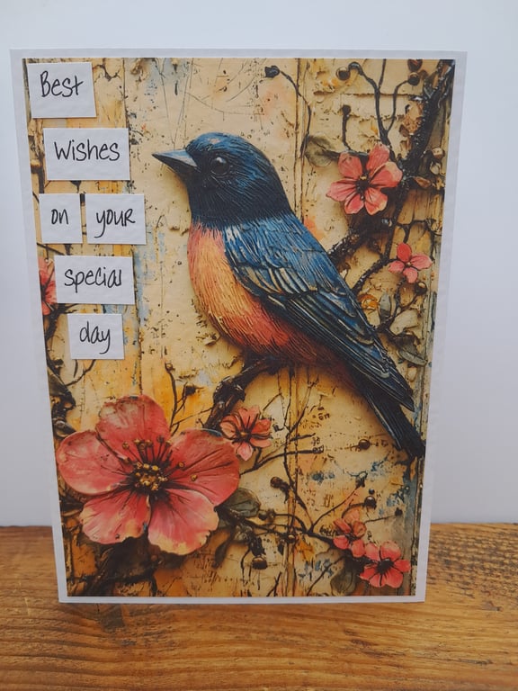 C6733   Best Wishes Card, Bird, Flowers, Hammered Card, Birthday,