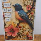 C6733   Best Wishes Card, Bird, Flowers, Hammered Card, Birthday,