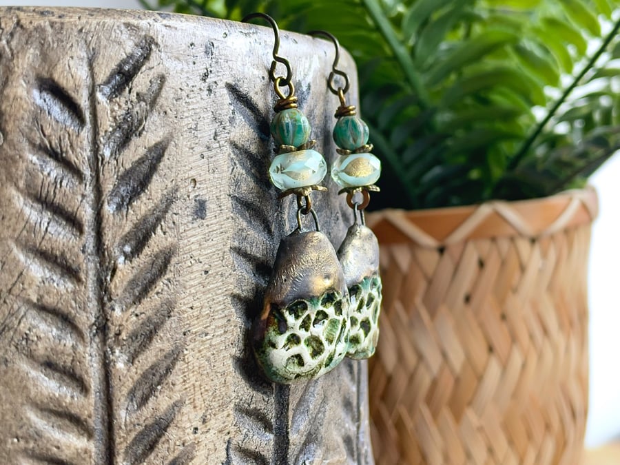 Nature-Inspired Ceramic Earrings in Moss Green & Bronze. One-of-a-Kind.