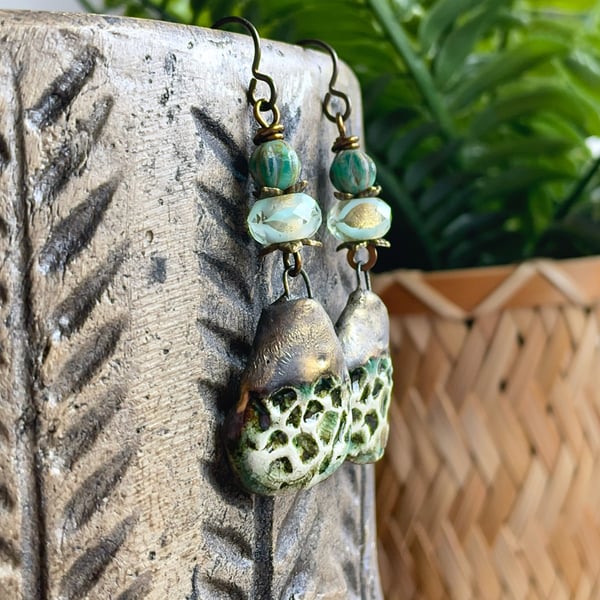 Nature-Inspired Ceramic Earrings in Moss Green & Bronze. One-of-a-Kind Artisan J