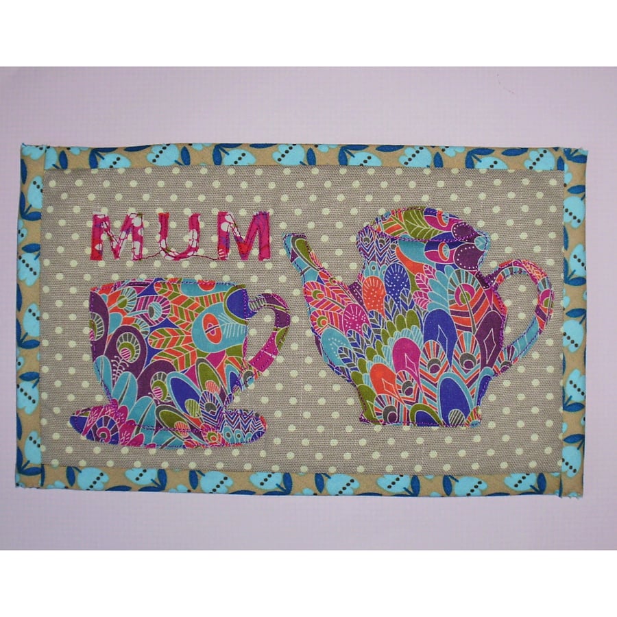 Mug Rug Mum, tea pot and cup, Liberty print