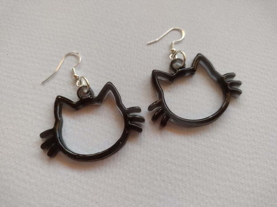 Black 'Kitty' Earrings Handmade With Resin. 925 Silver Hooks.