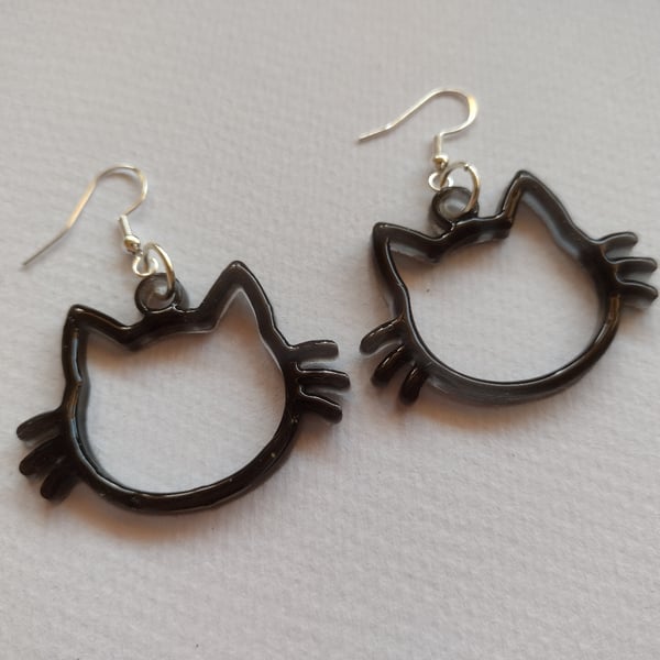 Black 'Kitty' Earrings Handmade With Resin. 925 Silver Hooks.