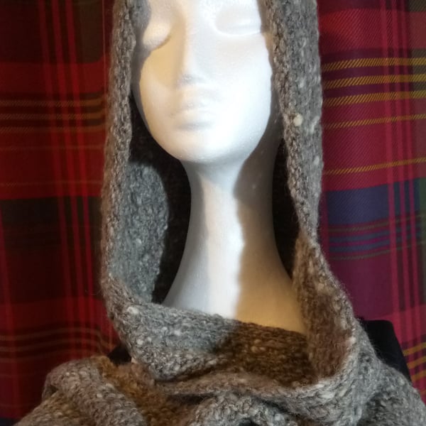 Handspun and Hand-knitted Hooded Scarf in Pure Soay Wool