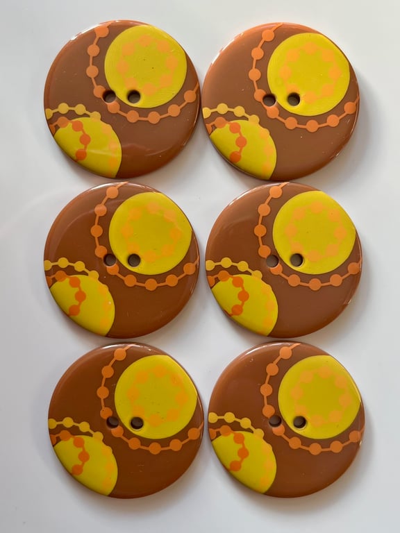 6 Large Buttons, 34mm Wide, Orange and Yellow Circle Shapes on Brown, Retro