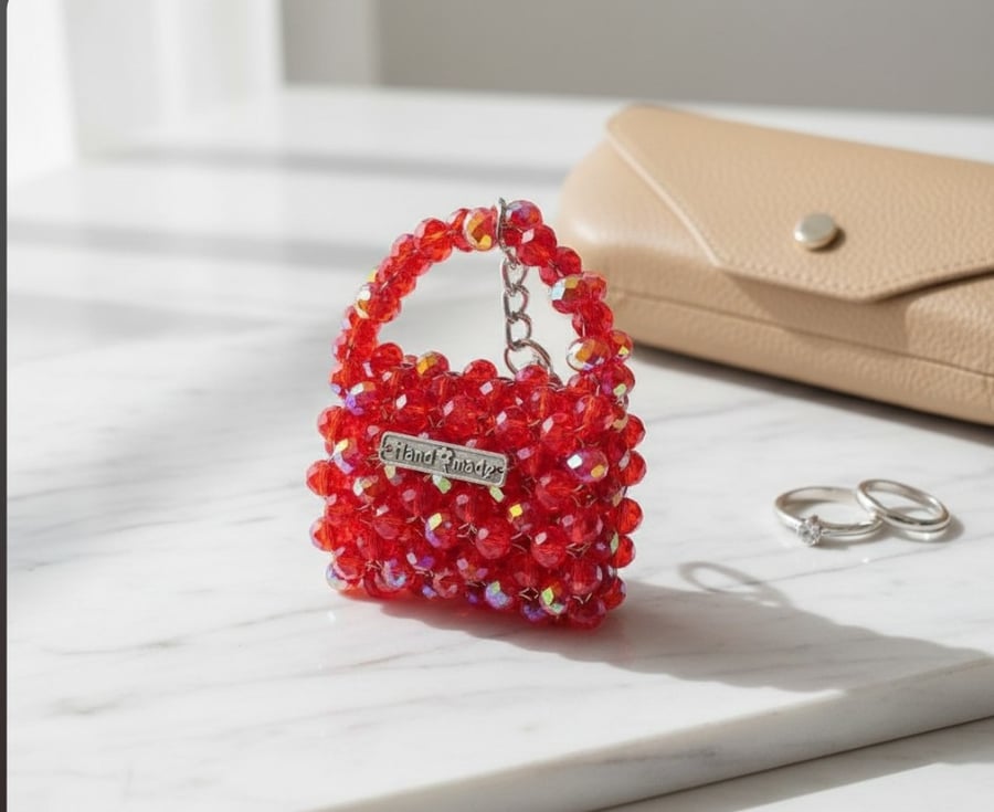 Handmade Red Beaded Mini Bag Keychain