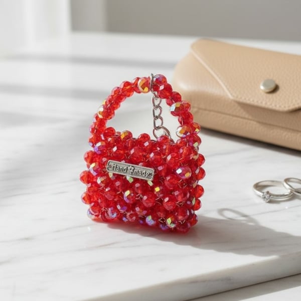 Handmade Red Beaded Mini Bag Keychain