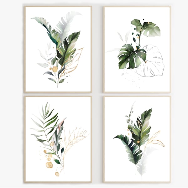 Palm leaves wall prints, tropical plants wall decor, leaf wall art prints