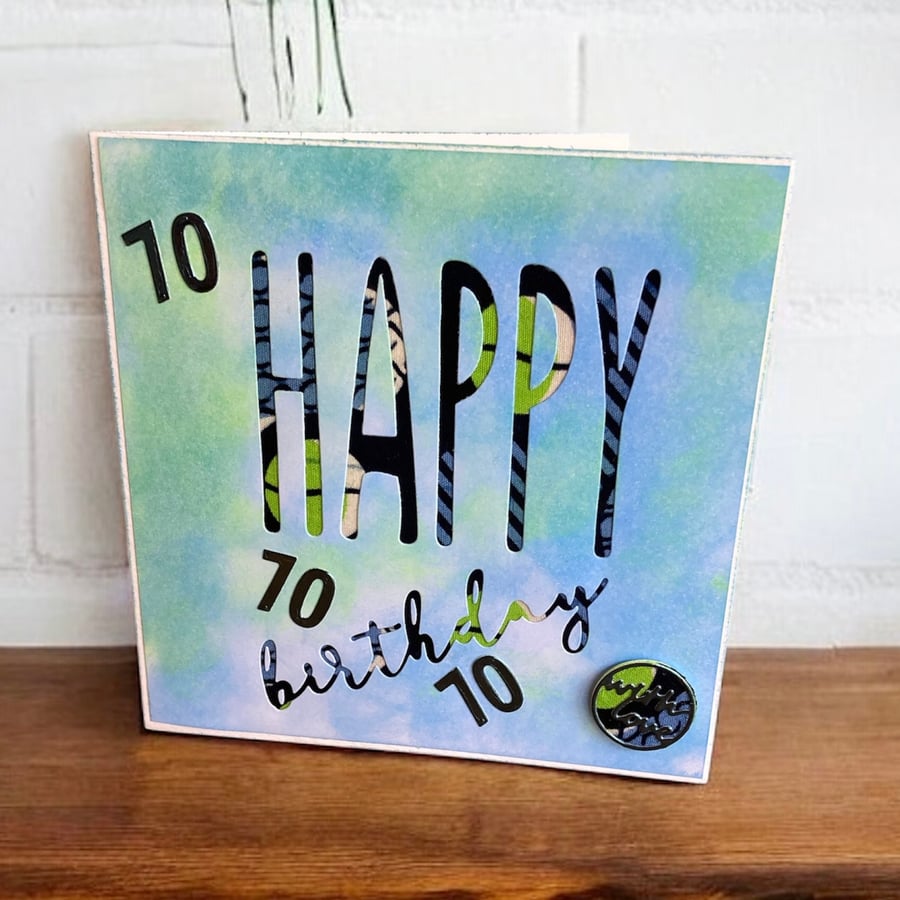 70th Birthday Card with African Fabric Detail.