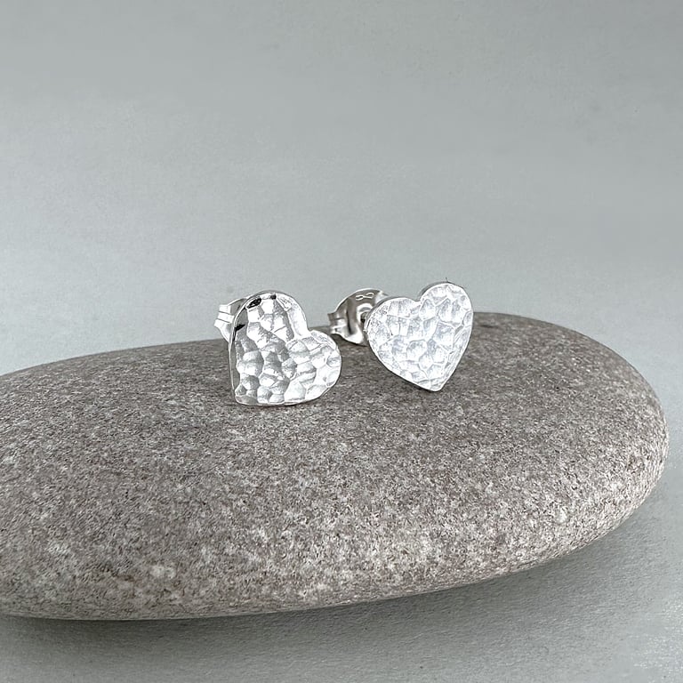 Sterling Silver Hammered Heart Stud Earrings, Small Silver Heart Earrings