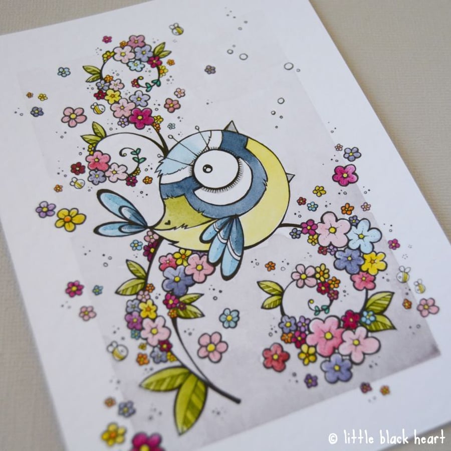 summer bluetit and blossom - original illustration (A6)