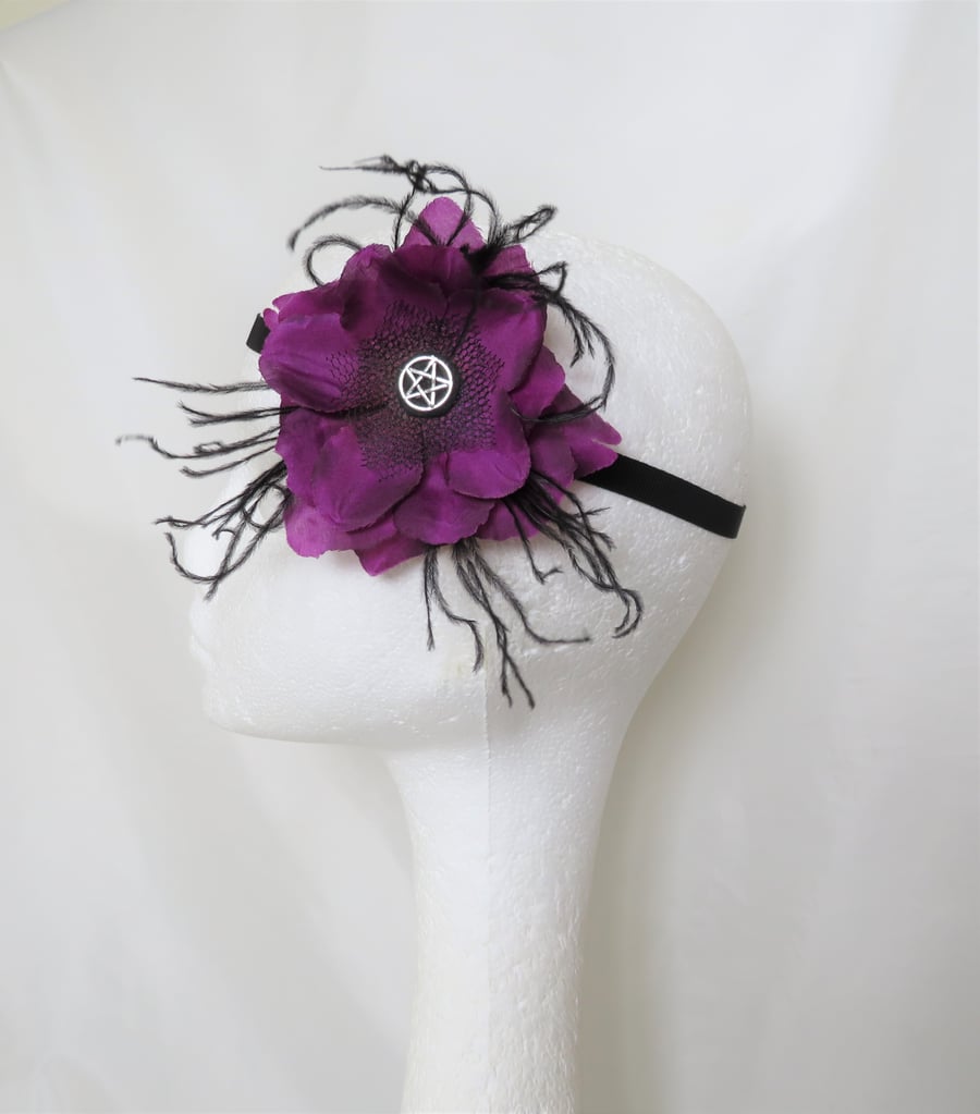 Amethyst & Black Rose Flower Pentagram Witch Goth Vintage Hair Headband Band