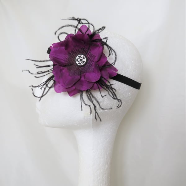 Amethyst & Black Rose Flower Pentagram Witch Goth Vintage Hair Headband Band