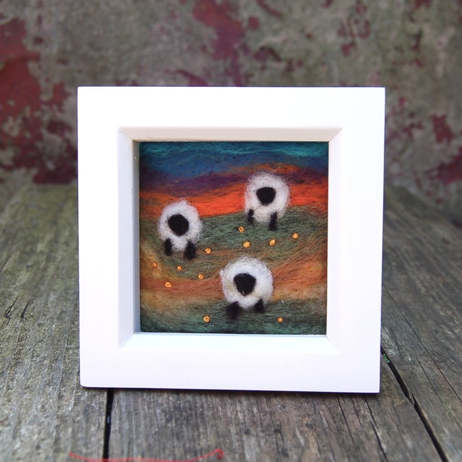 Three Sheep amongst flowers - needlefelt with embroidery