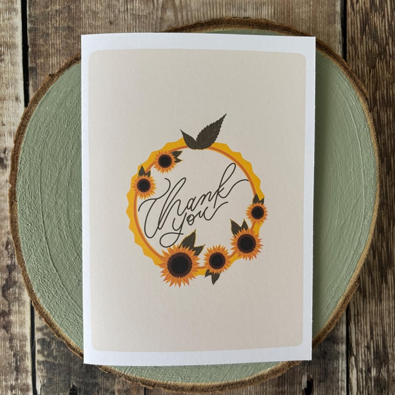 Thank You, Modern Calligraphy, Sunflower Wreath, Greeting Card, Floral Illustra 